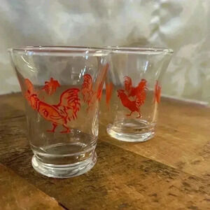 2 Vintage Red Rooster Double  Shot Juice Glasses